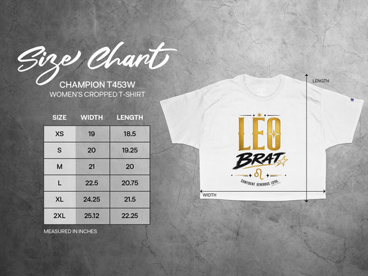 Champion T453W women's cropped t-shirt size chart with width and length measurements.