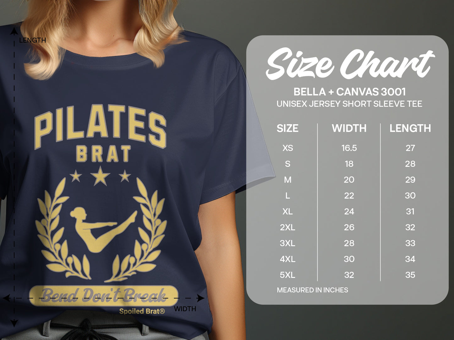 Navy t-shirt with "Pilates Brat" design and a size chart.