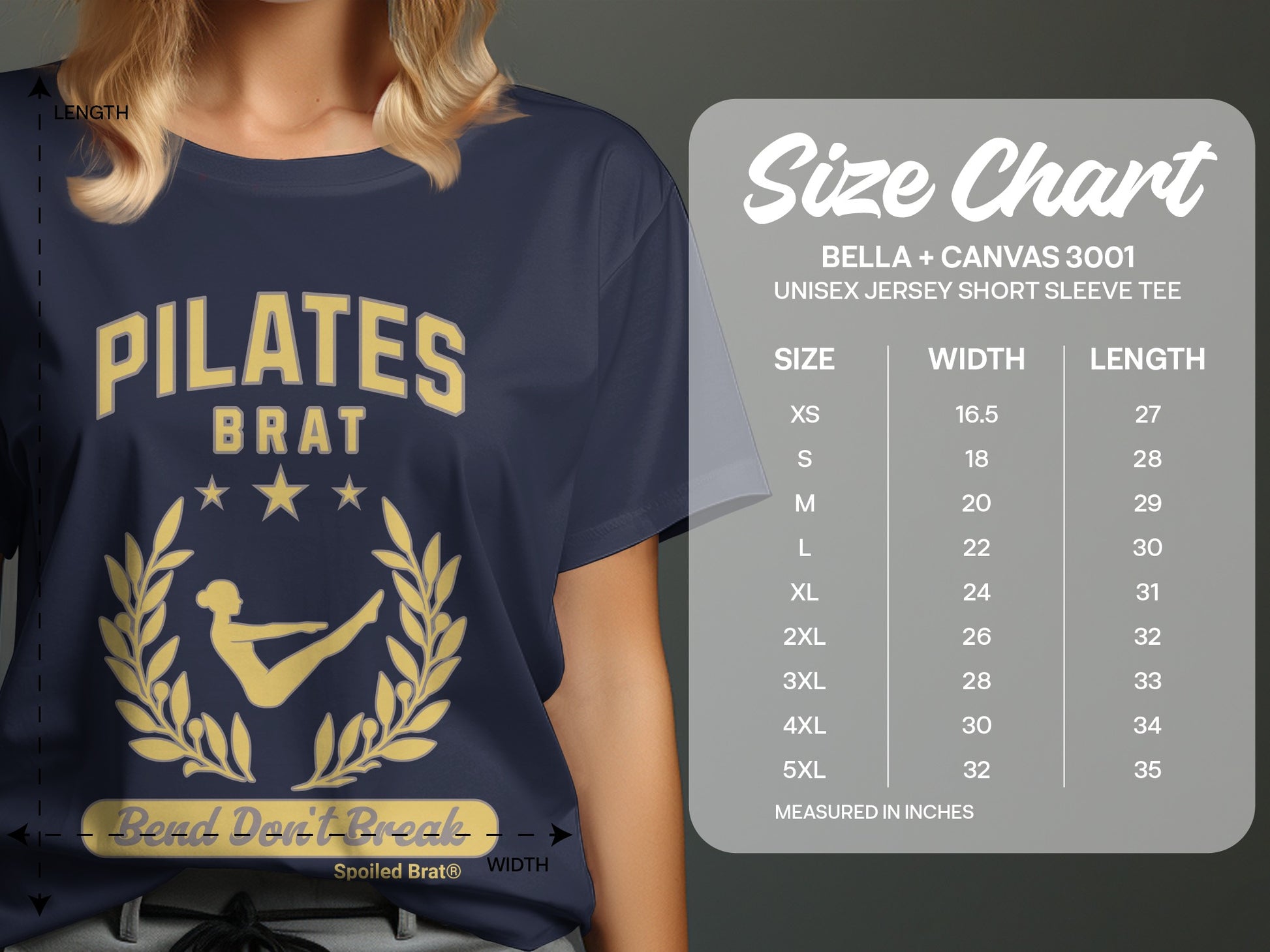 Navy t-shirt with "Pilates Brat" design and a size chart.