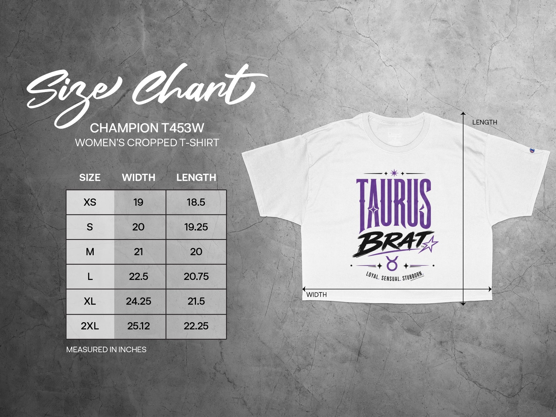 Champion T453W women's cropped t-shirt size chart with width and length measurements.