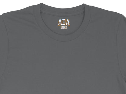 Dark grey t-shirt with "ABA BRAT" text on the inside neck label.
