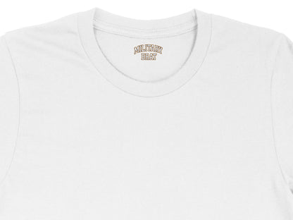 White t-shirt with "MILITARY BRAT" text on the inside neckline.