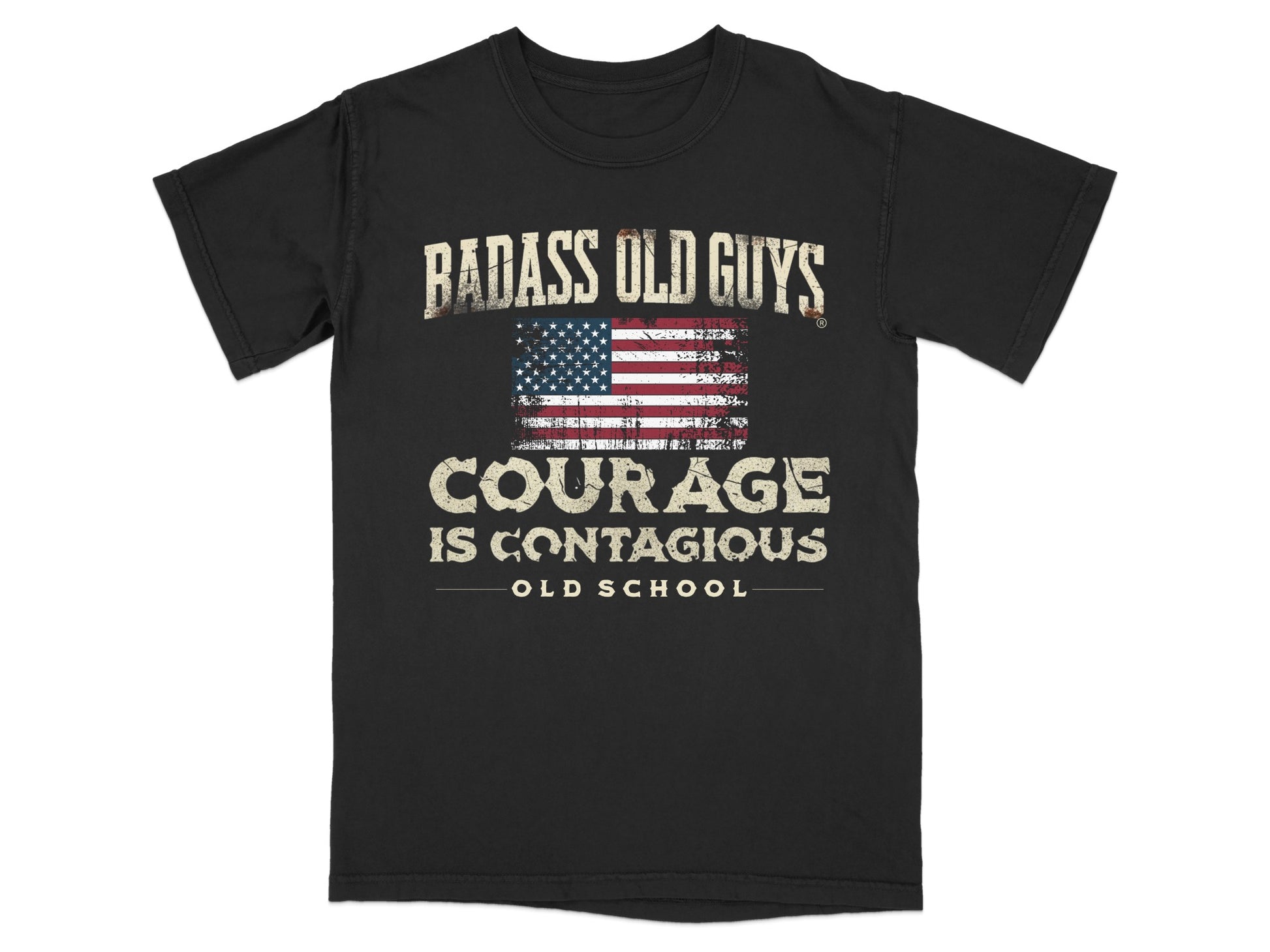 Black t-shirt with distressed American flag and text "BADASS OLD GUYS COURAGE IS CONTAGIOUS OLD SCHOOL".
