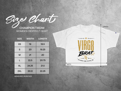 Champion T453W women's cropped t-shirt size chart with width and length measurements.