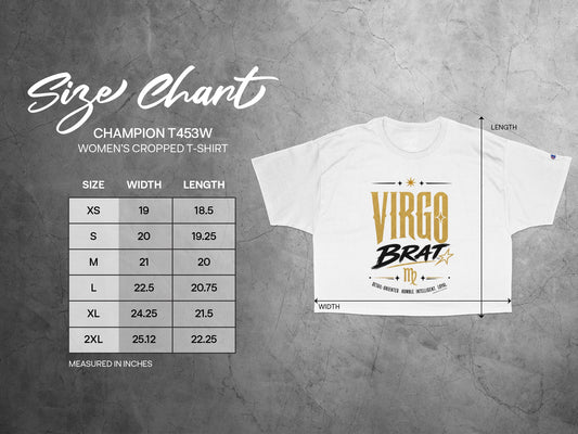 Champion T453W women's cropped t-shirt size chart with width and length measurements.