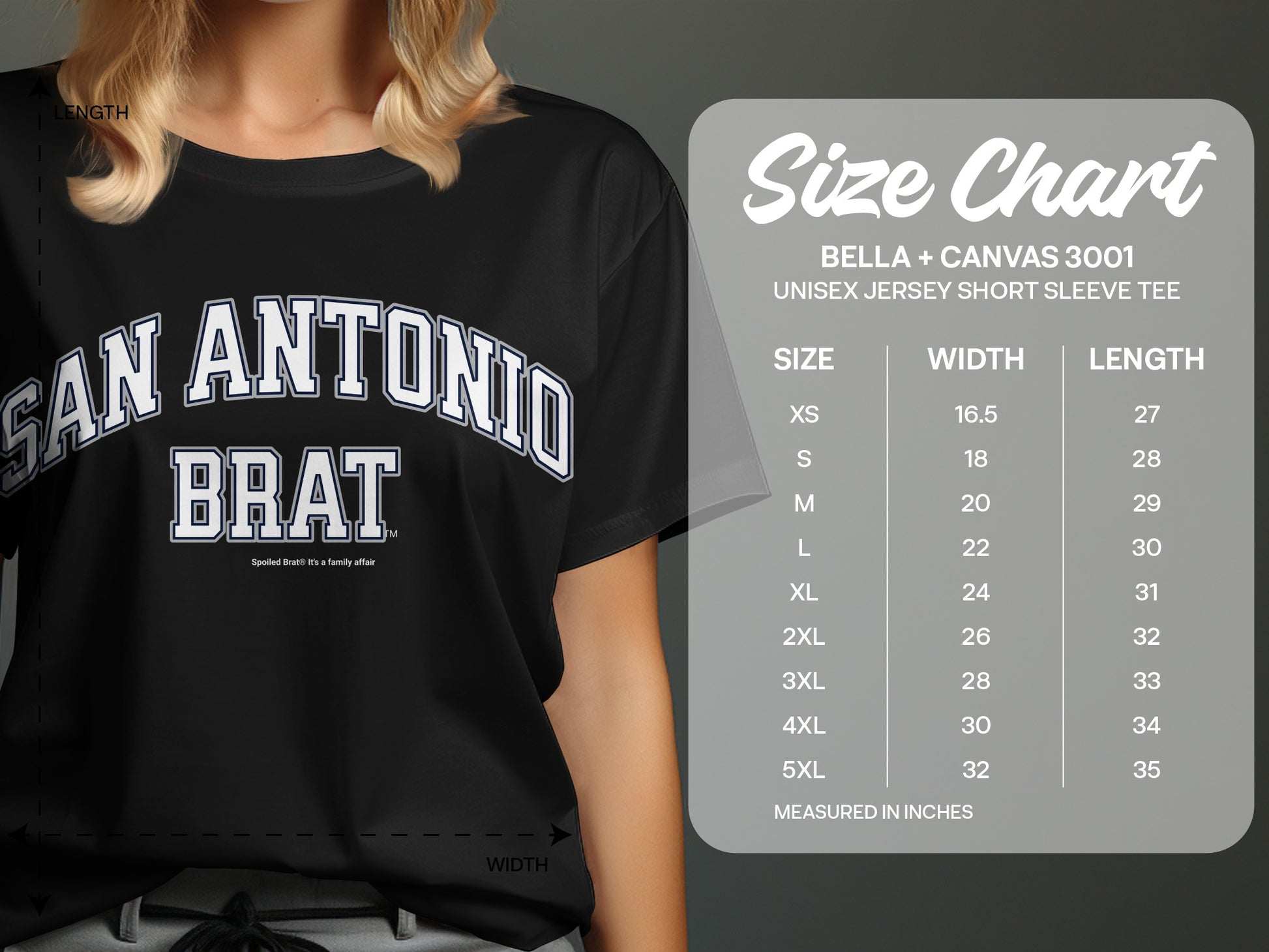 Black t-shirt with "San Antonio Brat" text and size chart for Bella + Canvas 3001 tee.