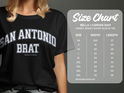Black t-shirt with "San Antonio Brat" text and size chart for Bella + Canvas 3001 tee.