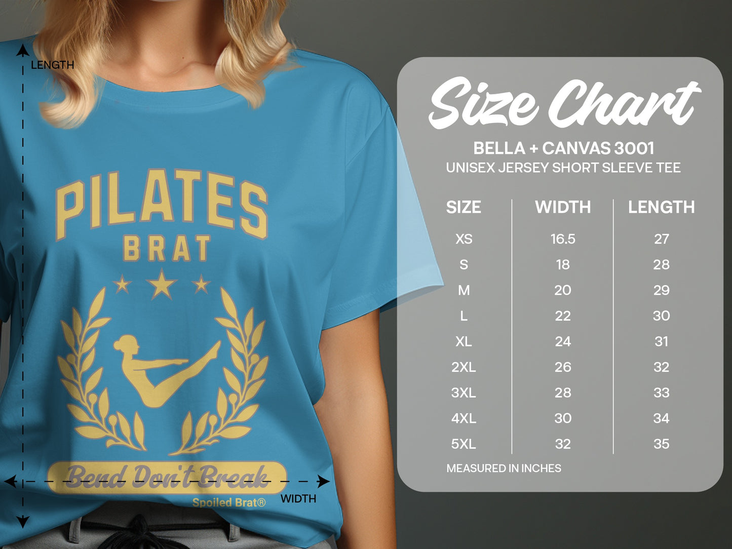 Blue t-shirt with "PILATES BRAT" text, laurel wreath, and size chart.
