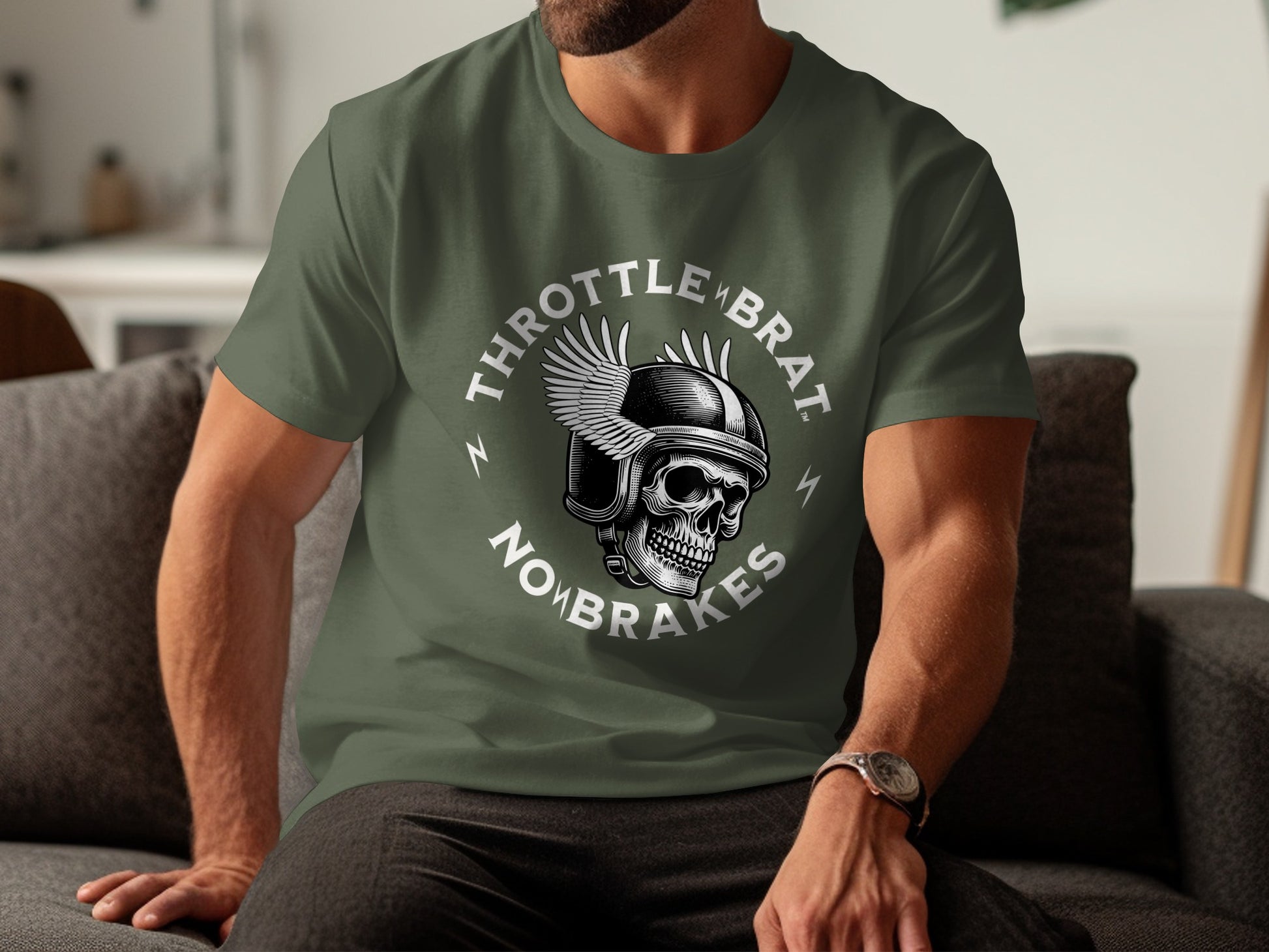 Olive green t-shirt featuring a winged skull graphic with "THROTTLE BRAT NO BRAKES" text.