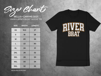 Size chart for Bella + Canvas 3001 unisex short sleeve tee with "River Brat" on front.