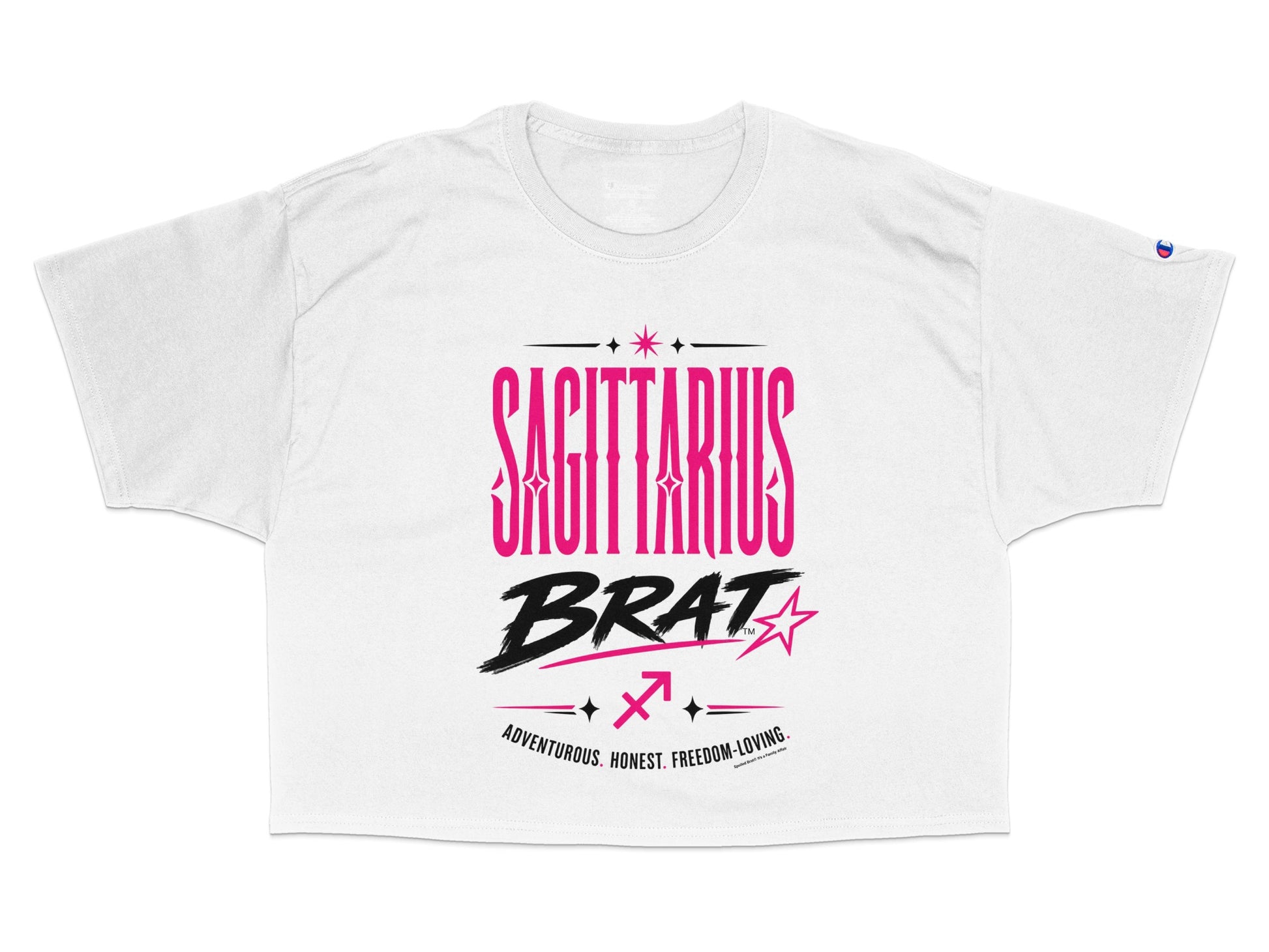 White crop top with "SAGITTARIUS BRAT" text and zodiac symbol.
