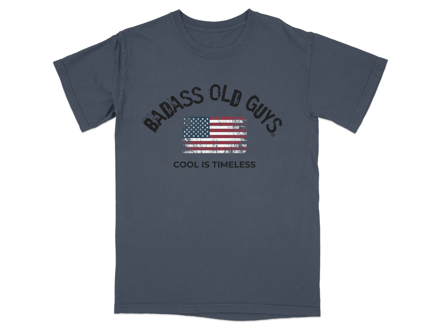 Navy t-shirt with distressed "BADASS OLD GUYS" and American flag graphic.