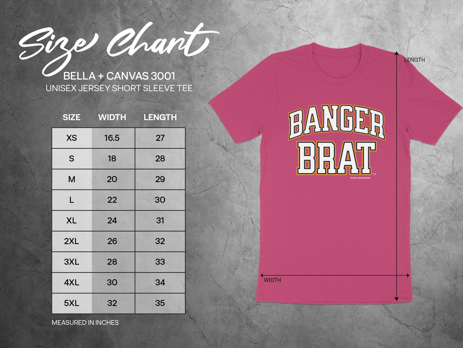 Bella + Canvas 3001 size chart for unisex short sleeve tee with width and length measurements.