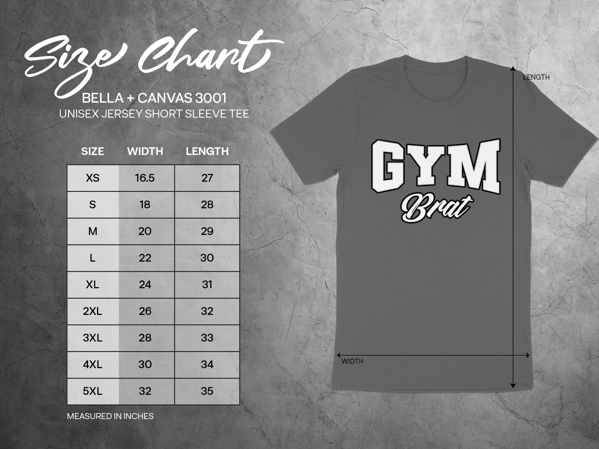 Size chart for Bella + Canvas 3001 unisex short sleeve tee with measurements in inches.