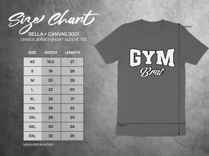 Size chart for Bella + Canvas 3001 unisex short sleeve tee with measurements in inches.