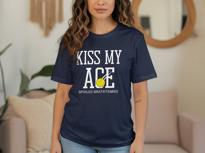 Navy t-shirt with "KISS MY ACE" and "SPOILED BRAT® TENNIS" text.