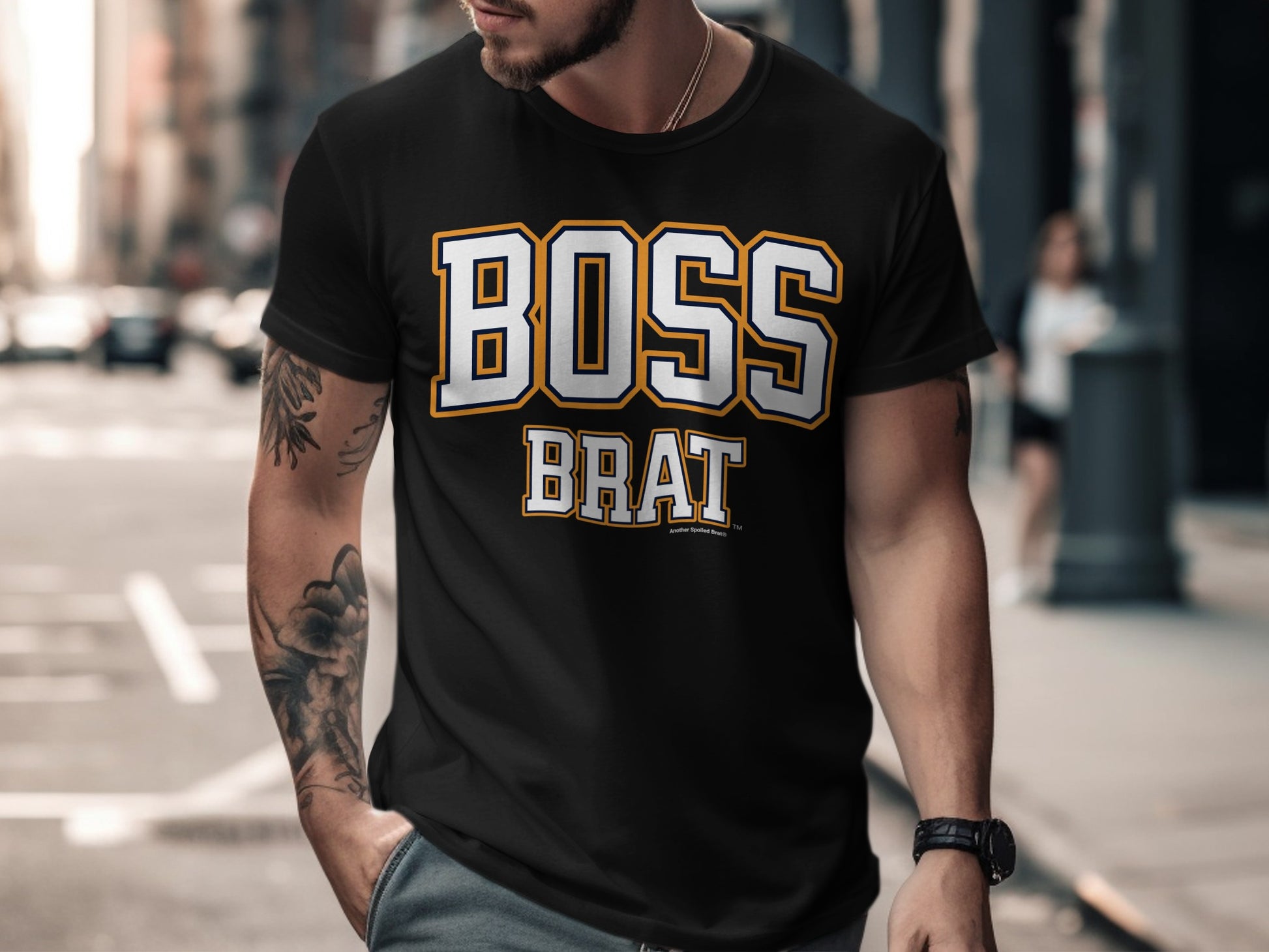 Black t-shirt with white and gold "BOSS BRAT" text on the chest.