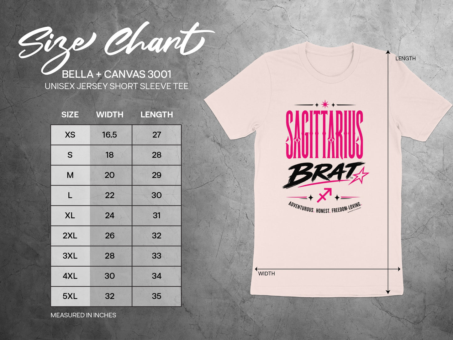 Size chart for Bella+Canvas 3001 unisex jersey short sleeve tee in inches.