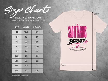 Size chart for Bella+Canvas 3001 unisex jersey short sleeve tee in inches.