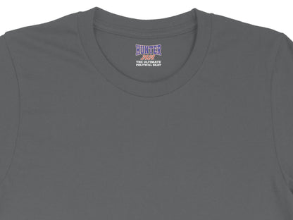 Hunter 2028 "The Ultimate Political Brat" text on a gray t-shirt.
