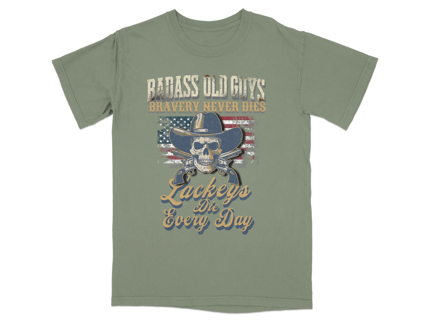 T-shirt with skull, cowboy hat, crossed guns, and patriotic text.