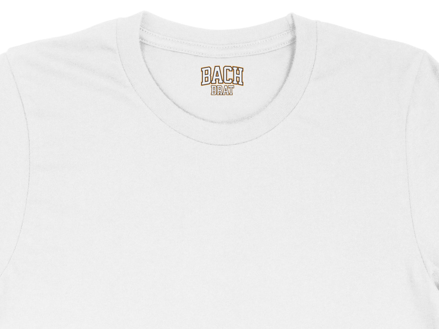 White t-shirt with "BACH BRAT" logo on the neckline.