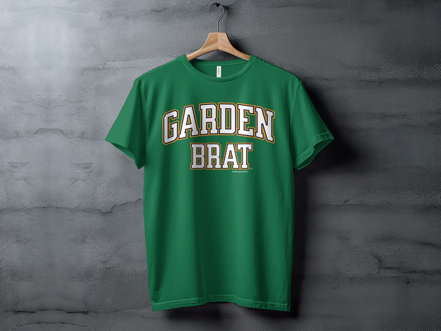Green t-shirt with "GARDEN BRAT" text in white, yellow, and black.