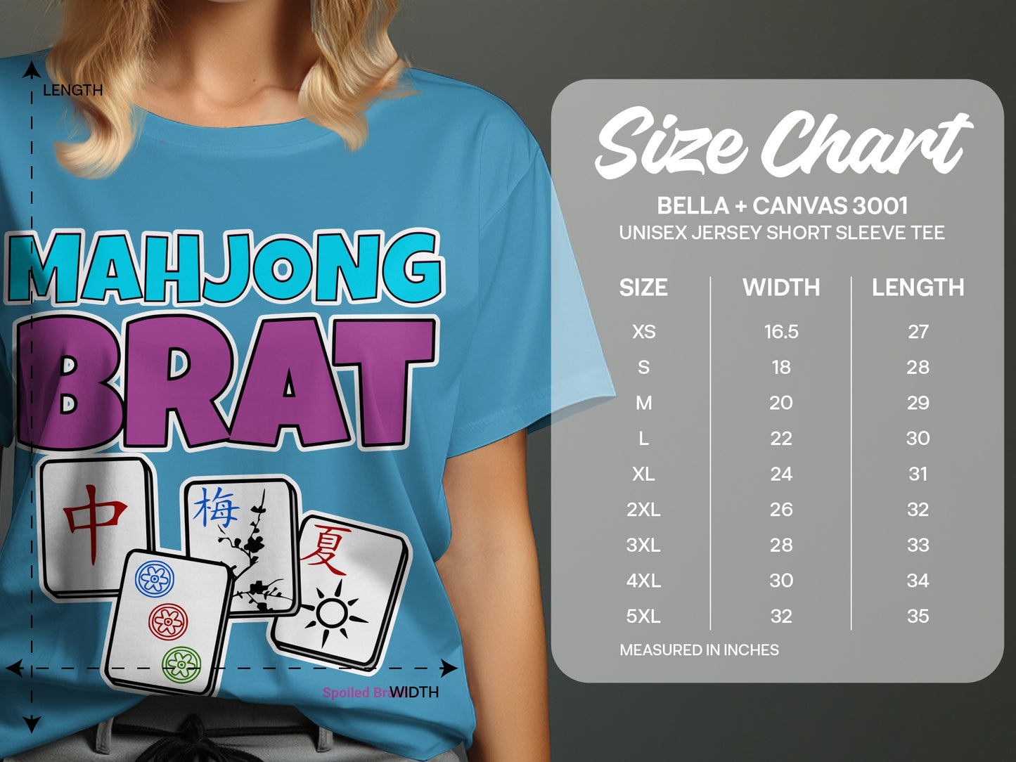 Blue t-shirt with "MAHJONG BRAT" text and Mahjong tiles, includes size chart.