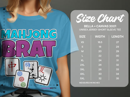 Blue t-shirt with "MAHJONG BRAT" text and Mahjong tiles, includes size chart.