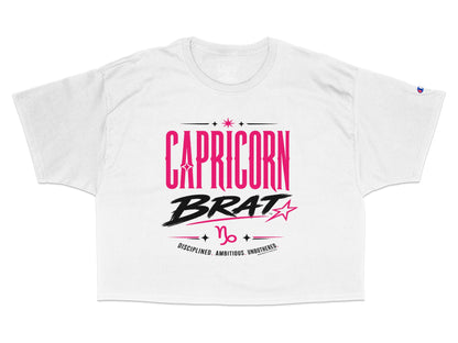 White t-shirt with "CAPRICORN BRAT DISCIPLINED. AMBITIOUS. UNBOTHERED." text.