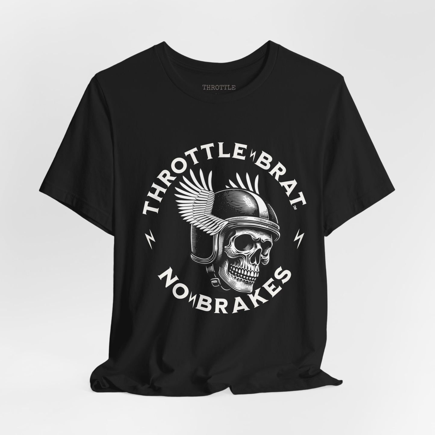 Black t-shirt with white skull wearing winged helmet and text.