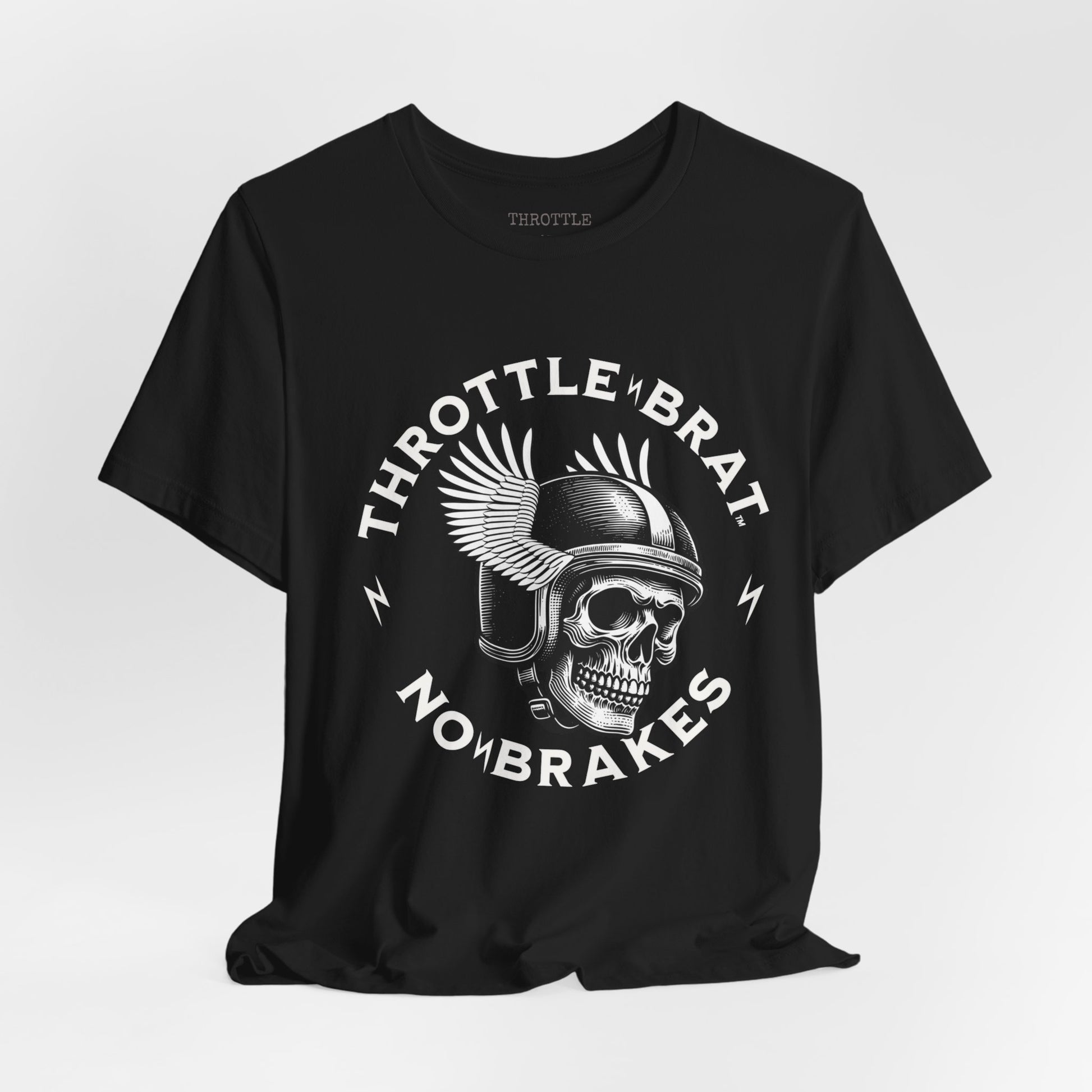Black t-shirt with white skull wearing winged helmet and text.