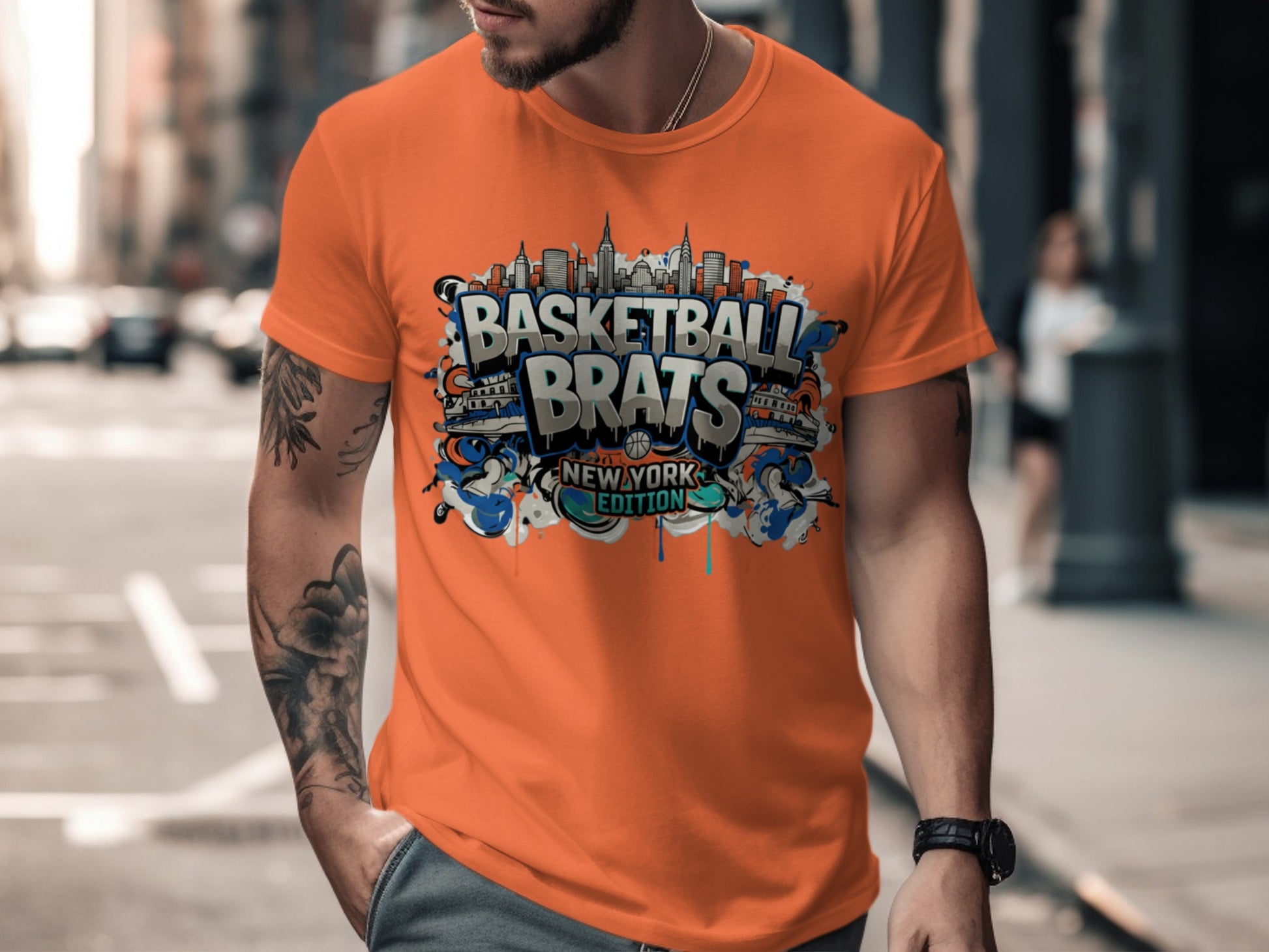 Orange t-shirt with "Basketball Brats New York Edition" text and city graphic.