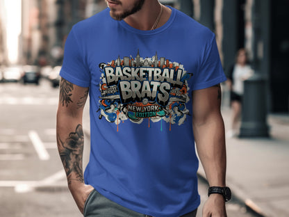 Blue t-shirt with "BASKETBALL BRATS NEW YORK EDITION" graffiti-style text and city skyline.