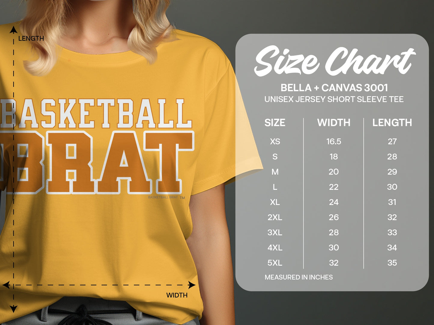 Yellow t-shirt with "BASKETBALL BRAT" text and a size chart.