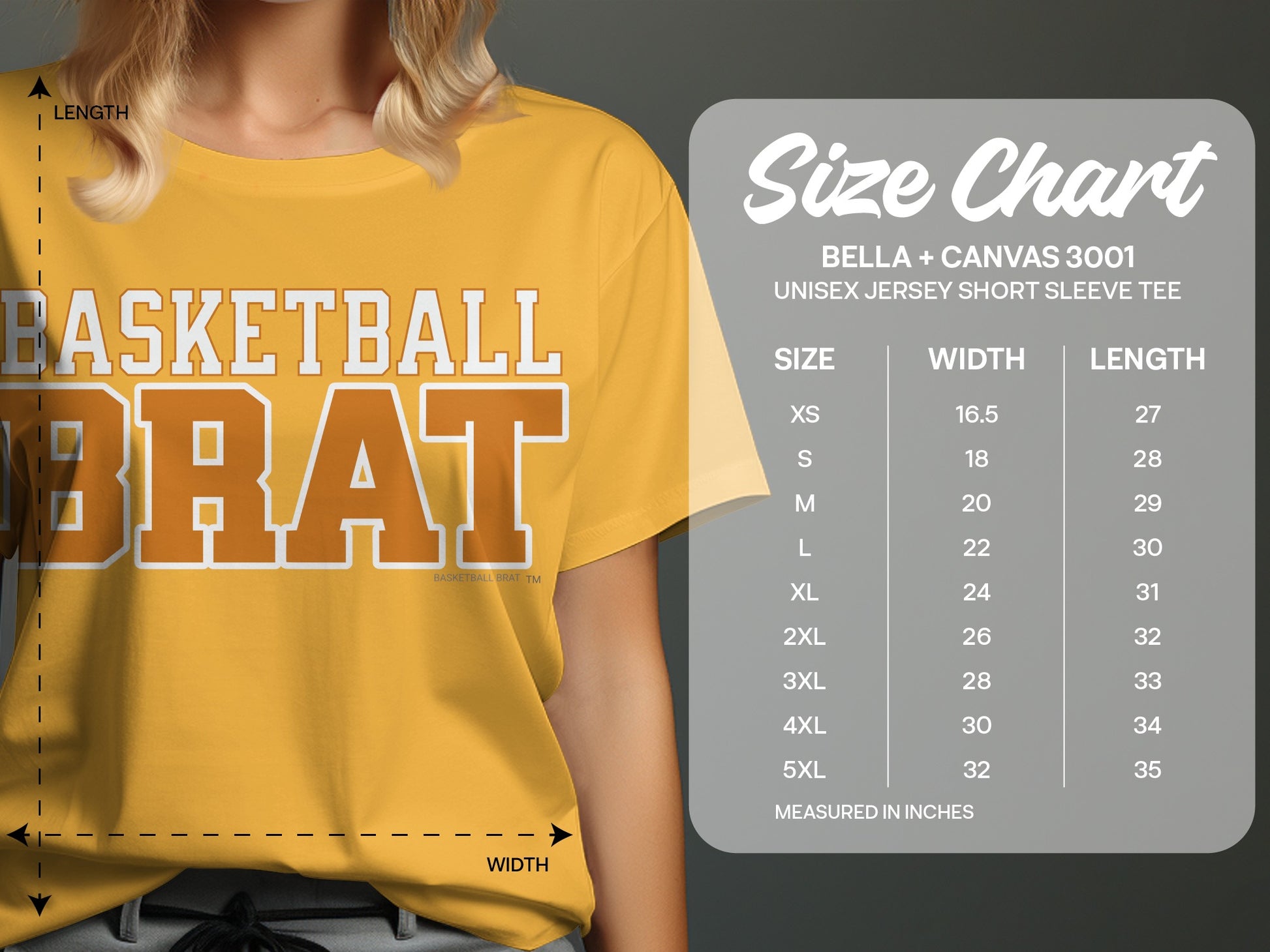 Yellow t-shirt with "BASKETBALL BRAT" text and a size chart.