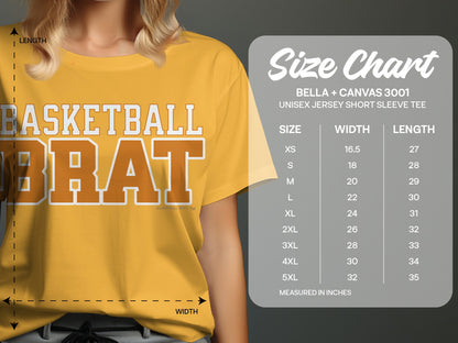 Yellow t-shirt with "BASKETBALL BRAT" text and a size chart.