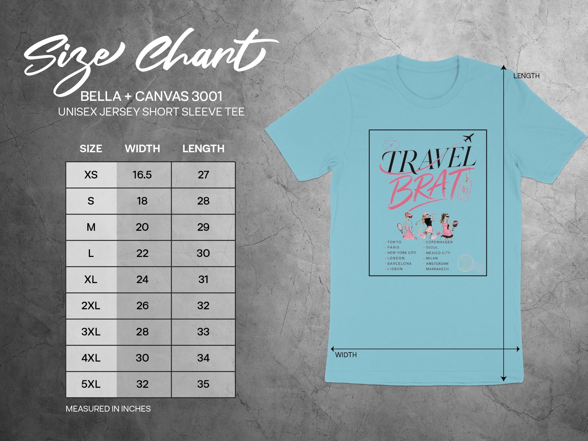 Bella + Canvas 3001 size chart for unisex jersey short sleeve tee.