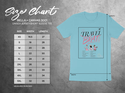 Bella + Canvas 3001 size chart for unisex jersey short sleeve tee.