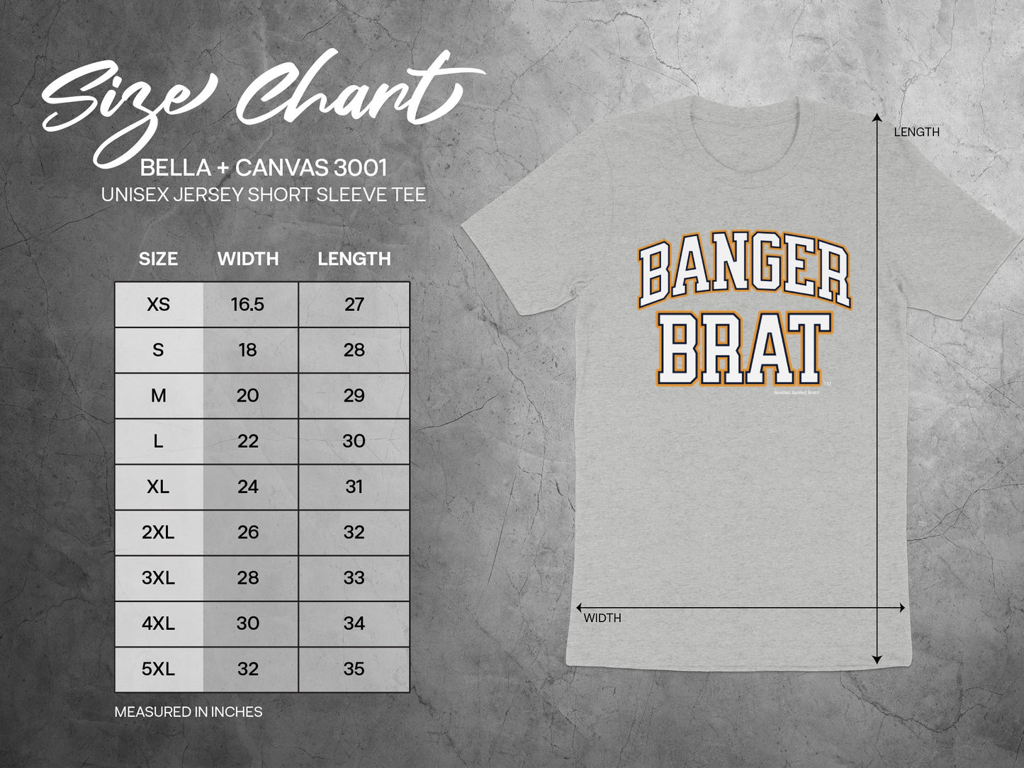 Bella + Canvas 3001 unisex t-shirt size chart showing width and length in inches.
