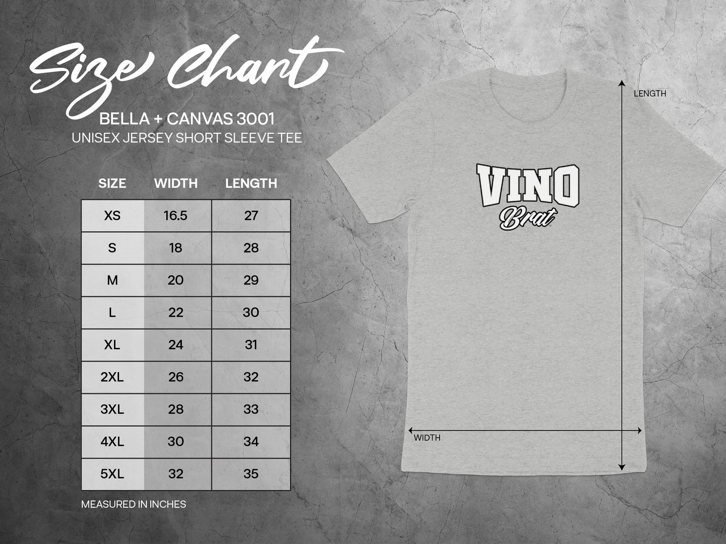 BELLA + CANVAS 3001 unisex tee size chart with dimensions in inches.
