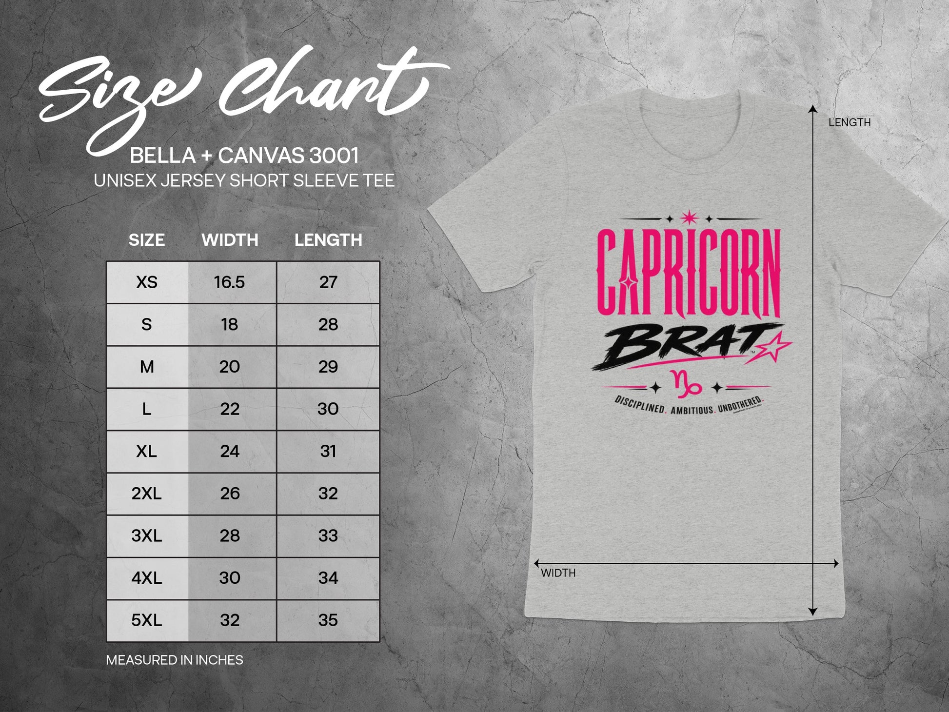 Size chart for BELLA + CANVAS 3001 unisex short sleeve tee, showing Capricorn Brat graphic.
