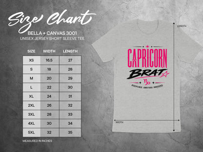 Size chart for BELLA + CANVAS 3001 unisex short sleeve tee, showing Capricorn Brat graphic.