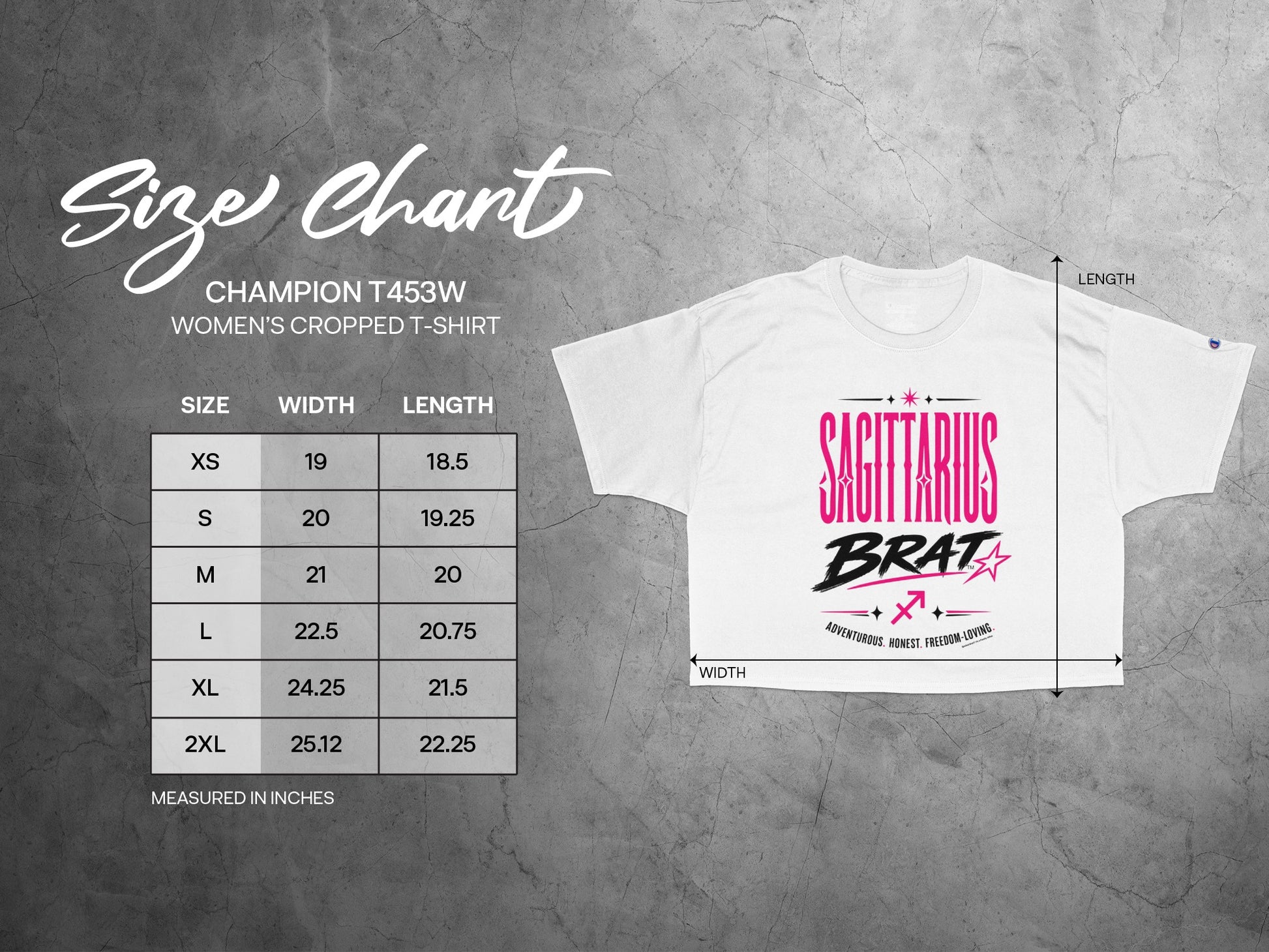 Champion T453W women's cropped t-shirt size chart with Sagittarius Brat graphic.