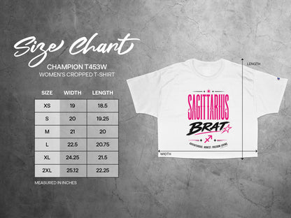 Champion T453W women's cropped t-shirt size chart with Sagittarius Brat graphic.