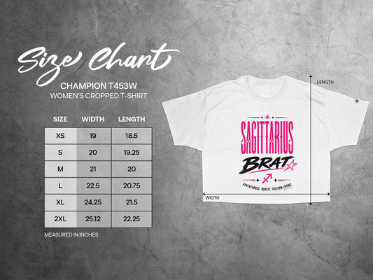 Champion T453W women's cropped t-shirt size chart with Sagittarius Brat graphic.