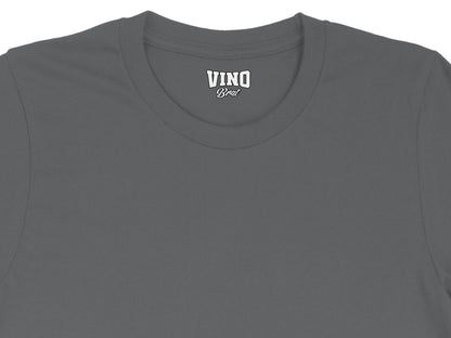 Grey t-shirt with "VINO Brat" text logo on the neck tag.