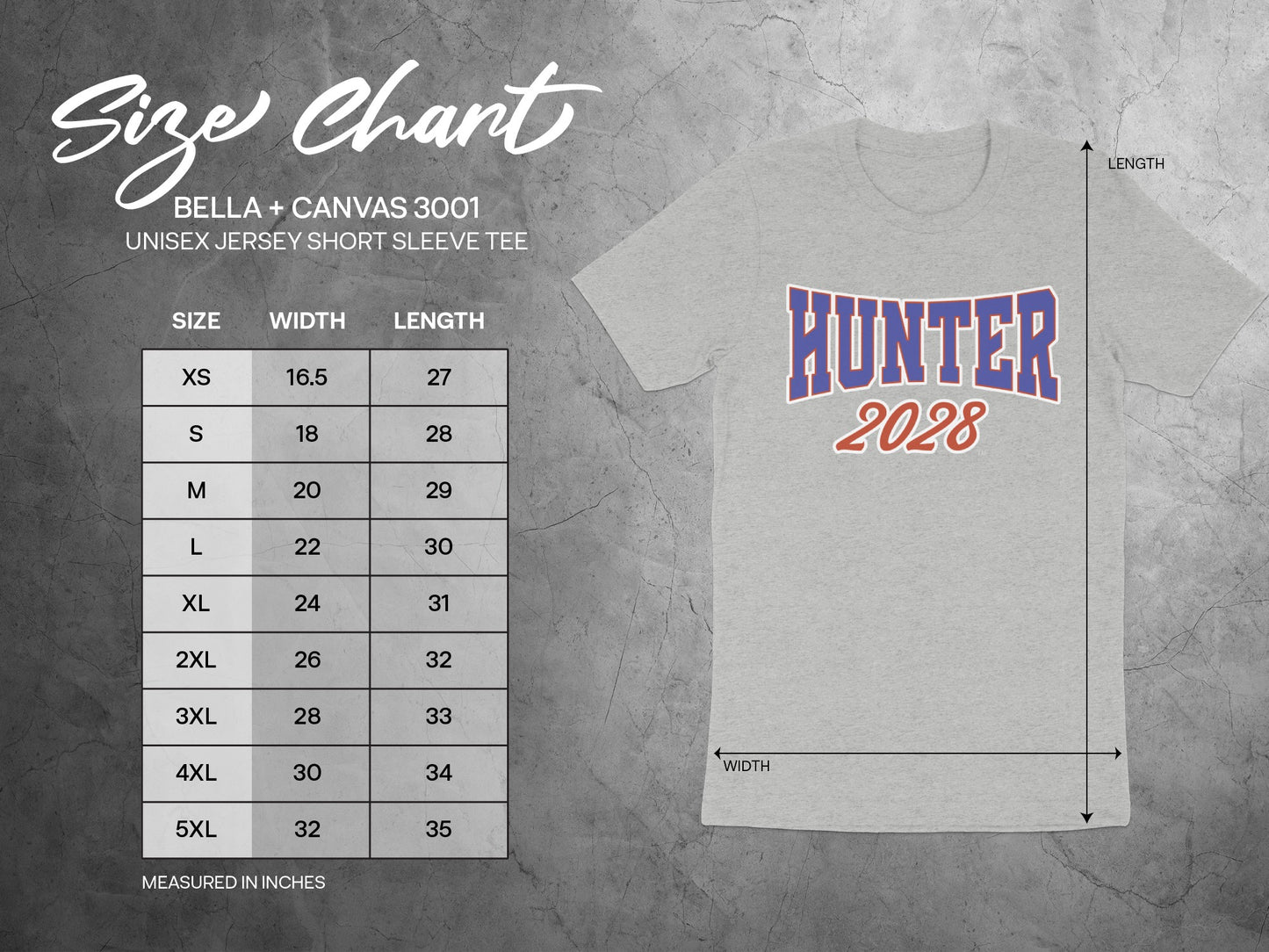 Size chart for Bella + Canvas 3001 unisex jersey tee with width and length measurements.