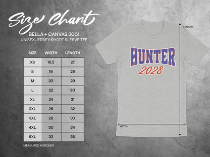 Size chart for Bella + Canvas 3001 unisex jersey tee with width and length measurements.