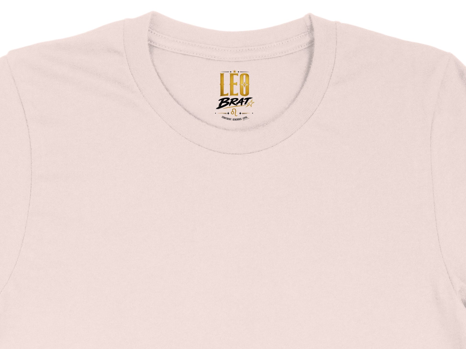 Pink t-shirt with "Leo Brat" and zodiac symbol on the neck tag.